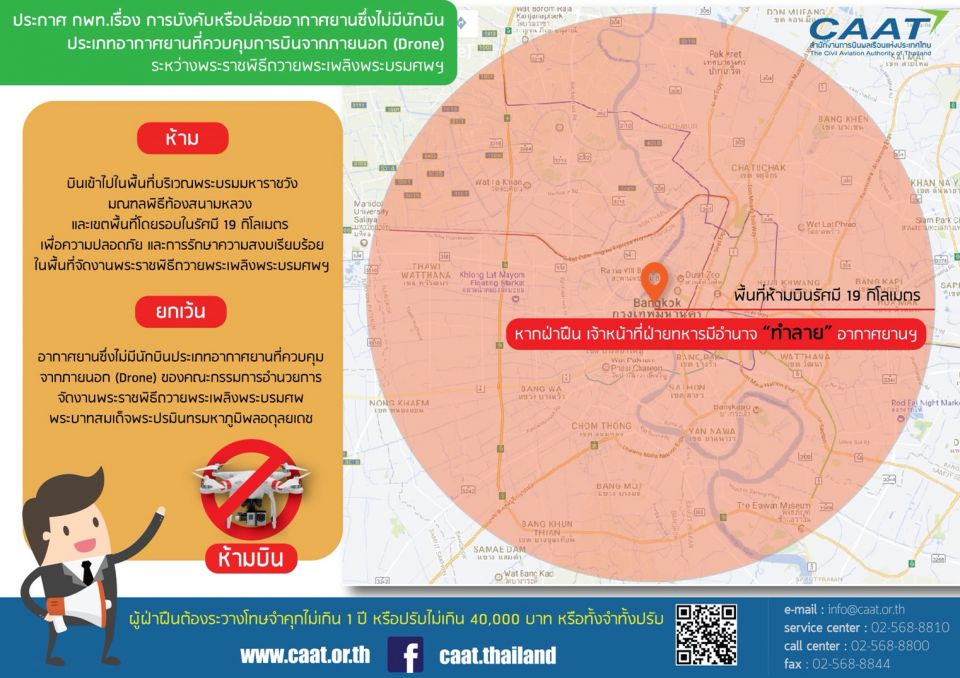 กพท.กำชับห้ามบินโดรนในพื้นที่งานพระราชพิธี 19 กม.