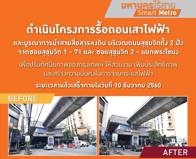 เร่งรื้อถอนสายสื่อสารบนถนนสุขุมวิทเพื่อเตรียมรื้อถอนเสาไฟฟ้าก่อน 10 ธ.ค. 2560 นี้